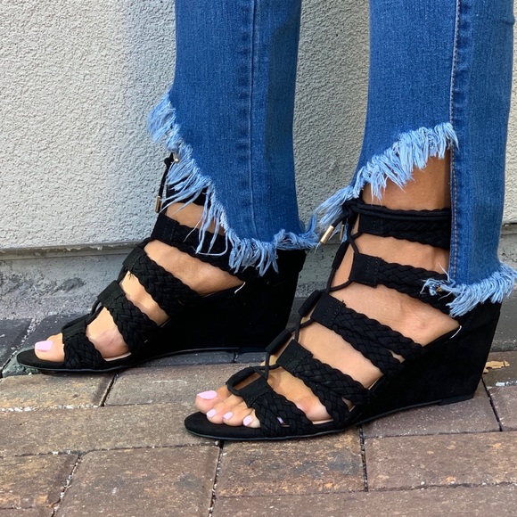 NIB Black Chic Caged Lace Up Wedge Sandal - Picture 1 of 7